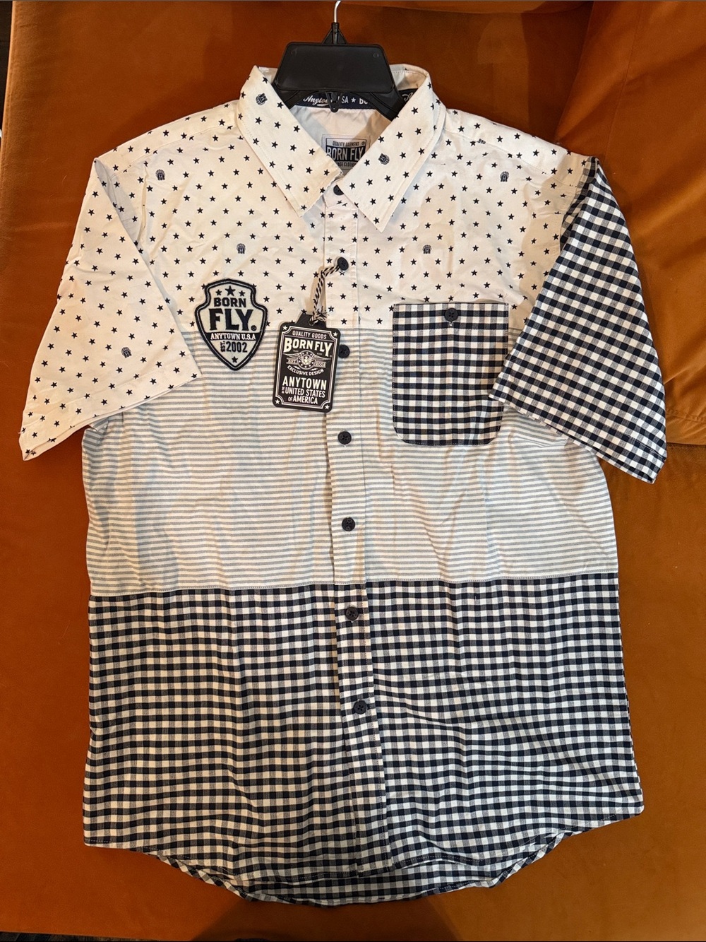 Born Fly Men’s Short Sleeve Patchwork Button-Down Shirt - White & Navy